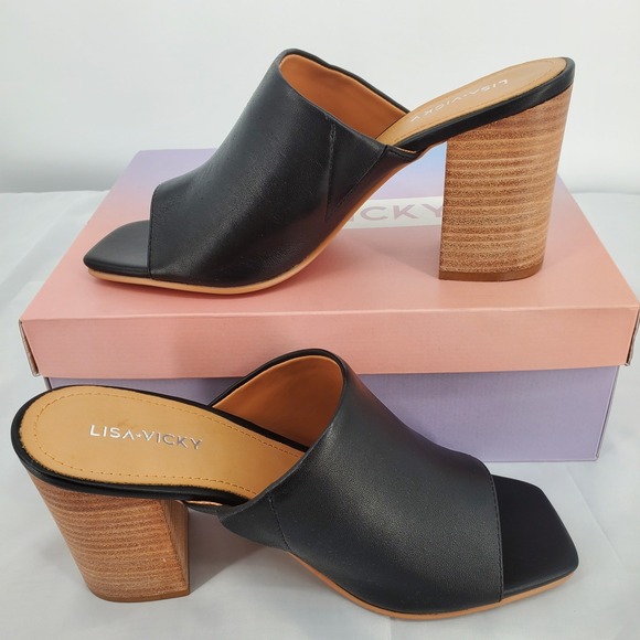 Lisa Vicky Shoes - Lisa Vicky Virtue V Black Leather Block Heel Mules Square Toe Sandals Womens 7 M
